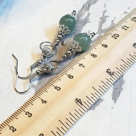 Green Malaysian Jade Gemstone Lacy Trim Silver Carved Rose Handcrafted Earrings - Picture 10 of 10